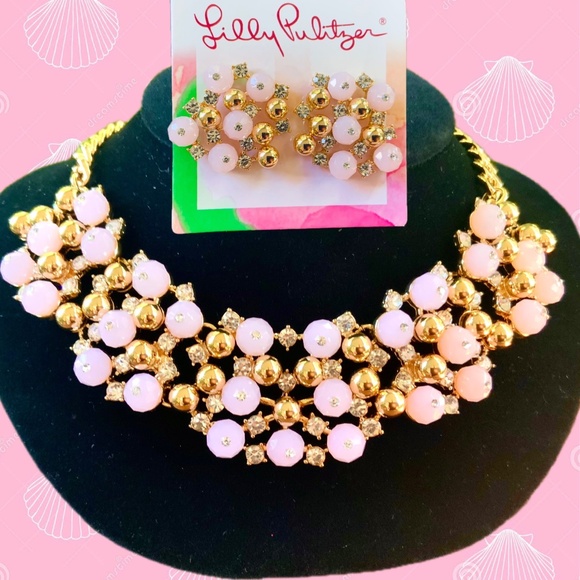 Lilly Pulitzer NWT “Pop The Bubbly”  PINK CRYSTAL CLUSTER NECKLACE/EARRINGS SET - Picture 1 of 16